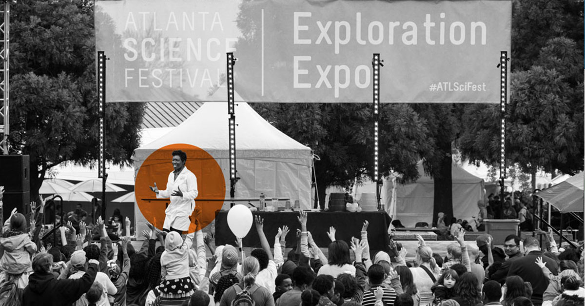 Performer and crowd at the Atlanta Science Festival Exploration Expo.