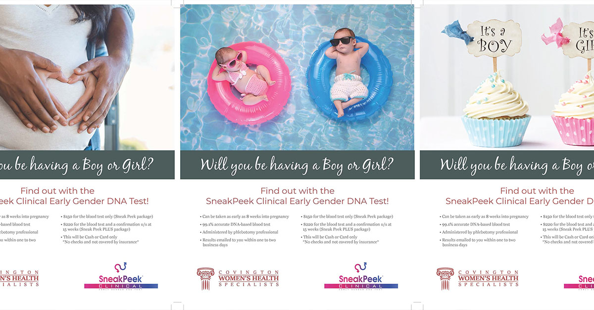 Covington Women's Health gender reveal service flyers.