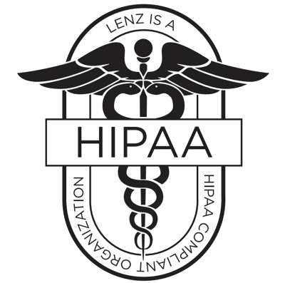 Logo with the healthcare logo with HIPAA in front, sayins Lenz is a HIPAA compliant organization.