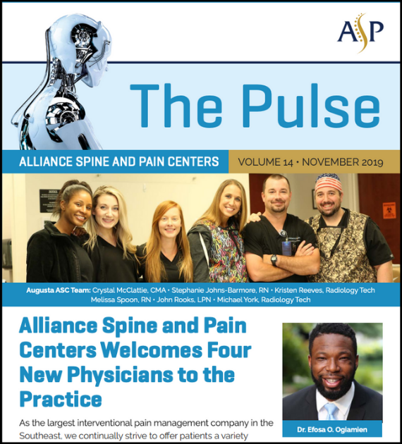 Screenshot of the employee newsletter Lenz created for Alliance Spine and Pain Centers.