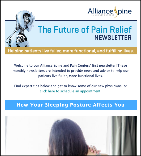 Screenshot of the patient newsletter Lenz created for Alliance Spine and Pain Centers.