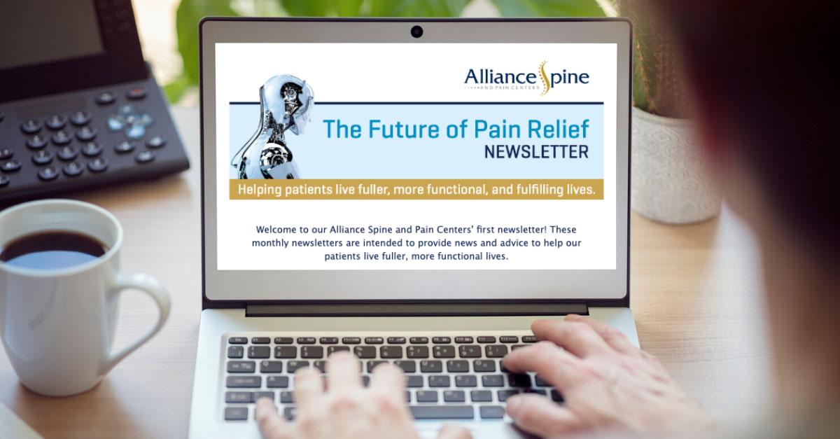 Laptop screen featuring Alliance Spine and Pain Centers newsletter