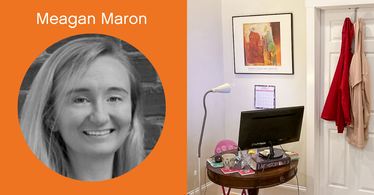 Headshot of Meagan Maron with a screenshot of her work from home office. 