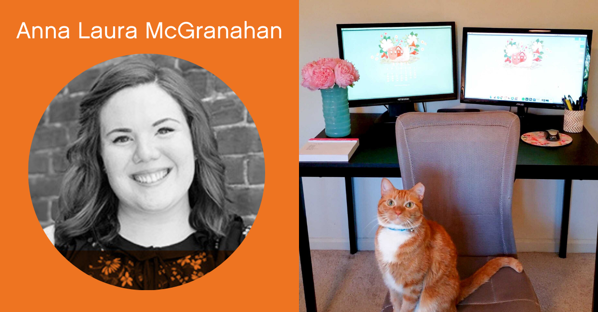 Headshot of Anna Laura McGranahan with a screenshot of her work from home office. 