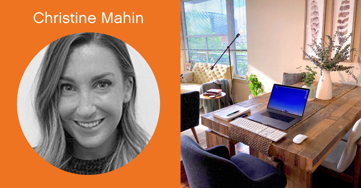 Headshot of Christine Mahin with a screenshot of her work from home office. 