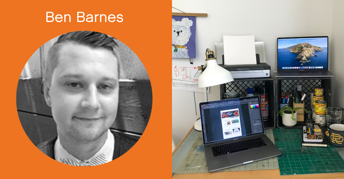 Headshot of Ben Barnes and screenshot of his desk. 