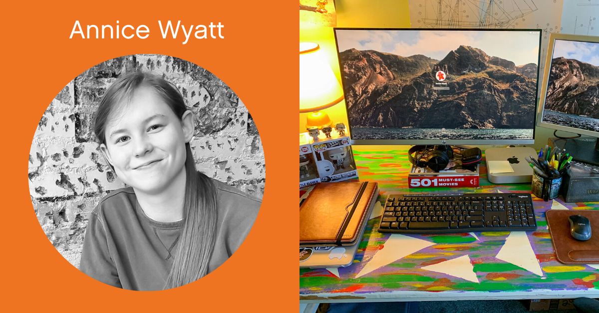 Headshot of Annice Wyatt with a screenshot of her work from home desk. 