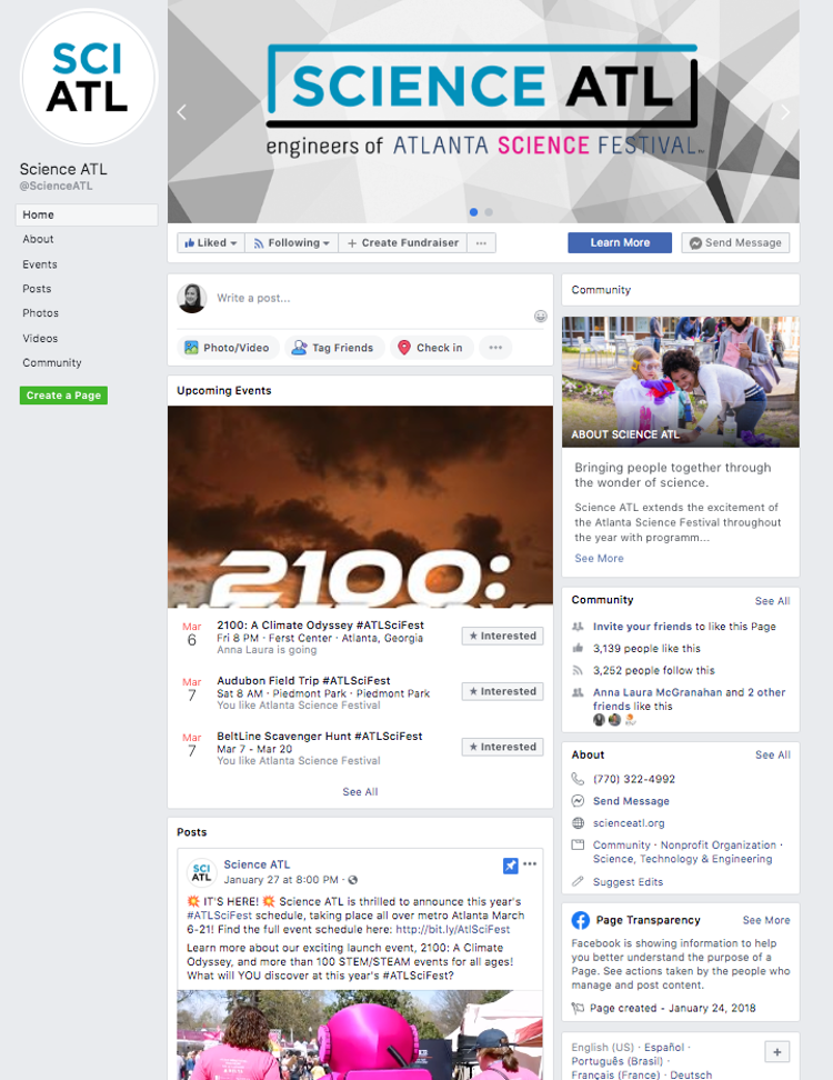 Screenshot of Science ATL Facebook.