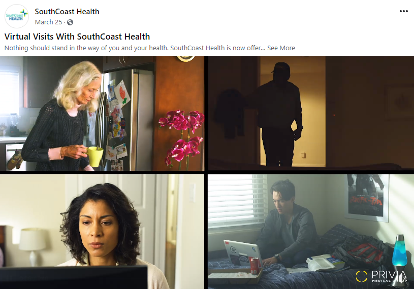 Screenshot of the Facebook campaign for SouthCoast Health's virtual visits. 