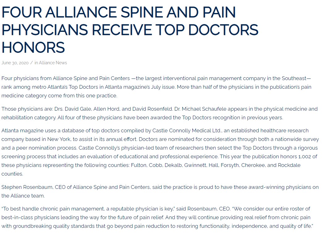 Screenshot of blog for Alliance Top Docs Announcement
