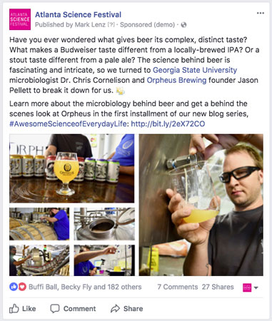 Example of a Facebook post promoting Orpheus Brewing.