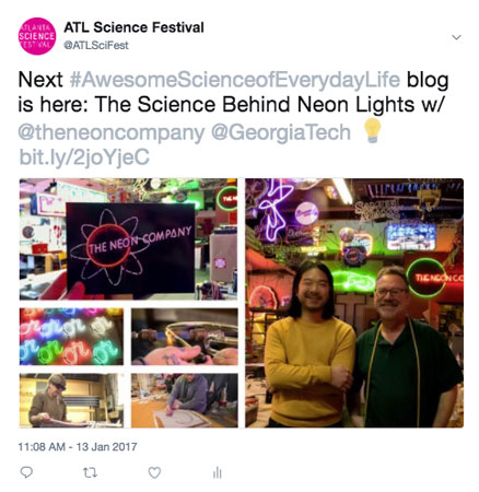 An example tweet of Atlanta Science Festival promoting the Neon Company.