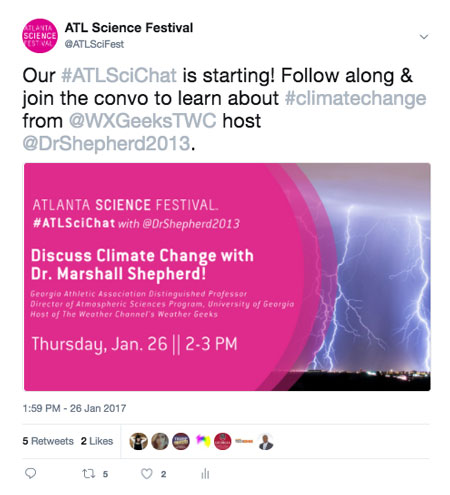 An example tweet of Atlanta Science Festival promoting #ATLSciChat regarding a conversation about climate change.