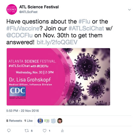 An example tweet of Atlanta Science Festival promoting #ATLSciChat regarding a conversation about flu vaccines.