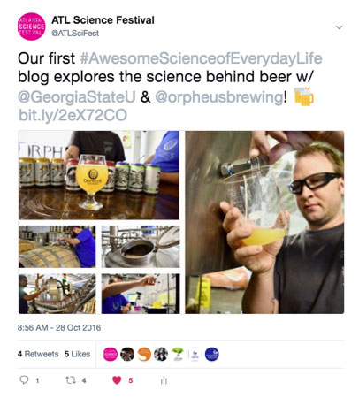 An example tweet of Atlanta Science Festival promoting a blog post about the science behind beer.
