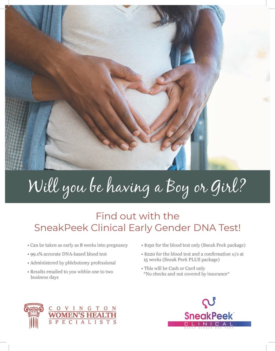 Flyer one of Covington Women's Health gender reveal service.