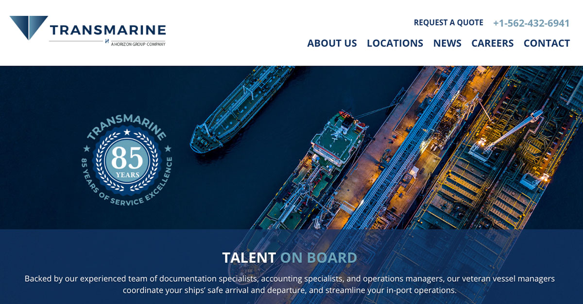 Screenshot of the top of Transmarine.com’s homepage.