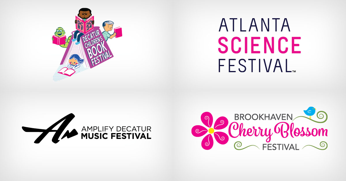 Festival logos for Decatur Children’ Book Festival, Atlanta Science Festival, Amplify Decatur Music Festival and Brookhaven Cherry Blossom Festival