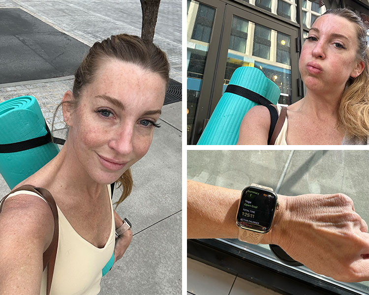Christine Mahin outside yoga studio with her yoga mat and her watch.