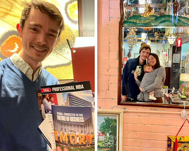 Frank Robertson holding up flyers from a MBA fair and a family photo in a mirror at the fair.