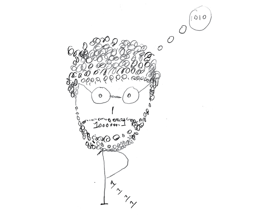A drawing of Ricky's face and a R with thought bubble of 0's and 1's.