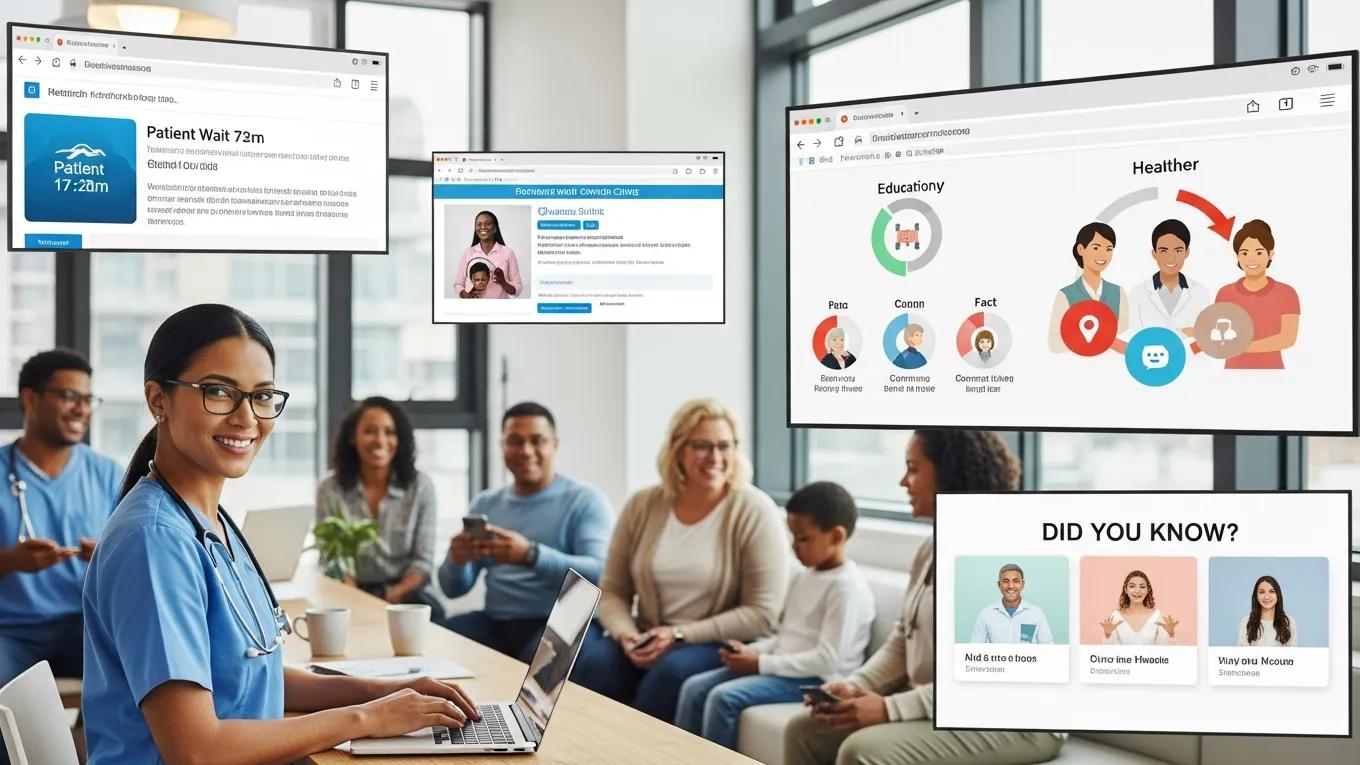 Healthcare professional engaging with patients and digital tools in a modern clinic, highlighting the importance of SEO for visibility